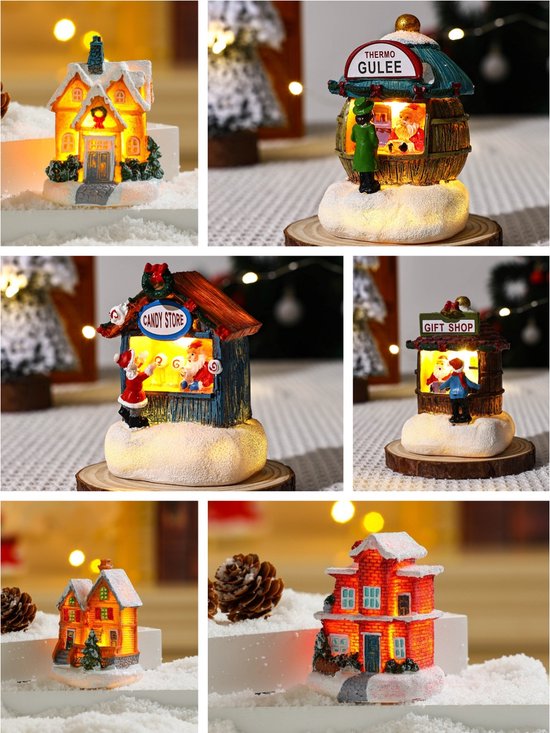 6 stuks Mini Kerstdorp met LED-verlichting – Cadeauwinkel, Snoepwinkel & Thermo Gulee-betoverende kerstsfeer