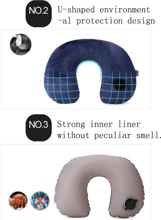 Opblaasbaar nekkussen H-vorm met capuchon - Marineblauw