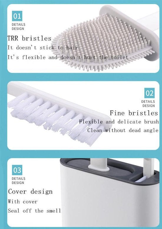 2 Stuks Antibacteriële Siliconen WC-borstel Set met Platte Brede en Ronde Borstelharen - Inclusief Borstelhouder - grijs