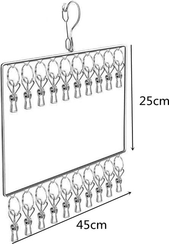 2 stuks Revolutionair Roestvrijstalen Droogrek voor Sokken en Ondergoed – 2 Lagen, 20 knijpers-Windproof Ontwerp-zilver