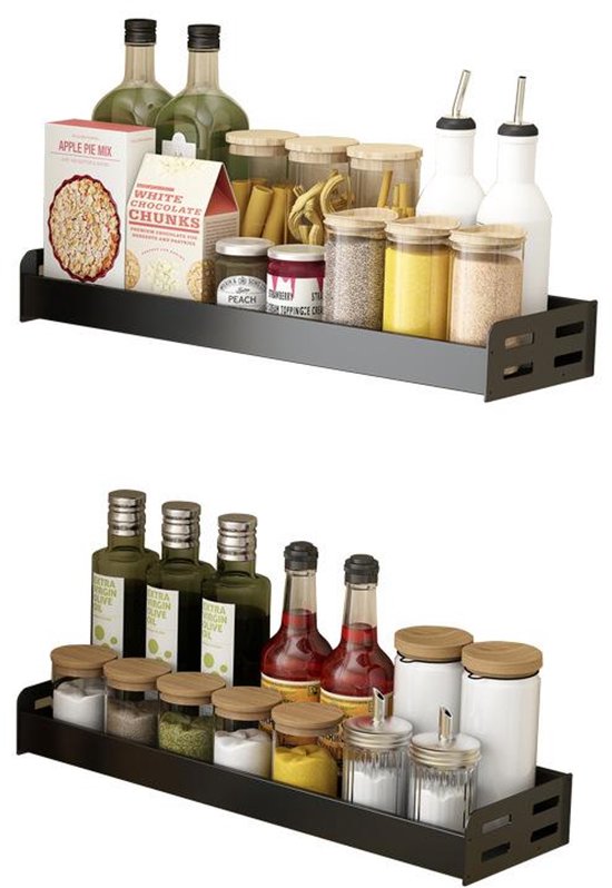 Kruidenrek / Opbergrek - RVS - Perforatievrij aan de muur gemonteerd - 50x13x6 cm - Zwart
