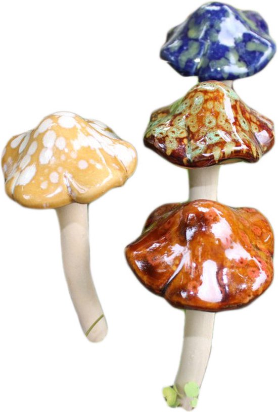 Unikorf Keramische paddenstoelen Set4 Geel/Rood/Groen/Blauw