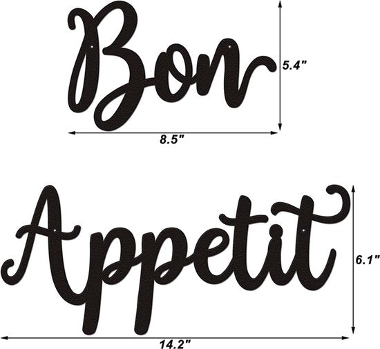 Wandbord 'Bon Appétit' - Line Art - Zwart Metaal 36x15CM