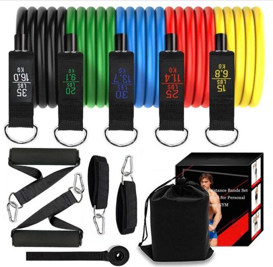 Set van 11 fitness elastische weerstandsbanden