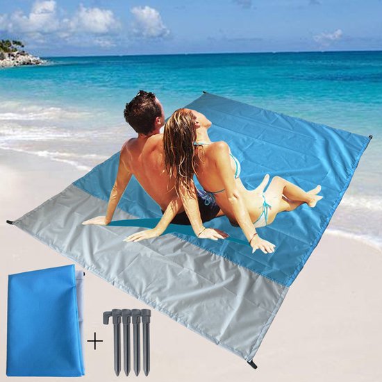 Vochtbestendige strandmat 140x200cm lichtblauw en grijs