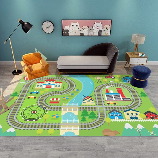 Laagpolig speelkleed treinspoor, kindertapijt 80x120 cm