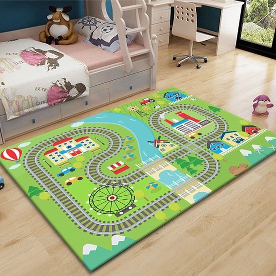 Laagpolig speelkleed treinspoor, kindertapijt 80x120 cm