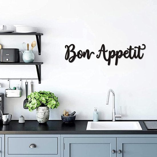 Wandbord 'Bon Appétit' - Line Art - Zwart Metaal 36x15CM