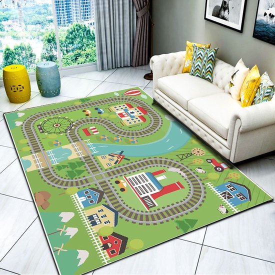 Laagpolig speelkleed treinspoor, kindertapijt 80x120 cm