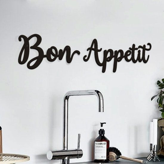 Wandbord 'Bon Appétit' - Line Art - Zwart Metaal 36x15CM