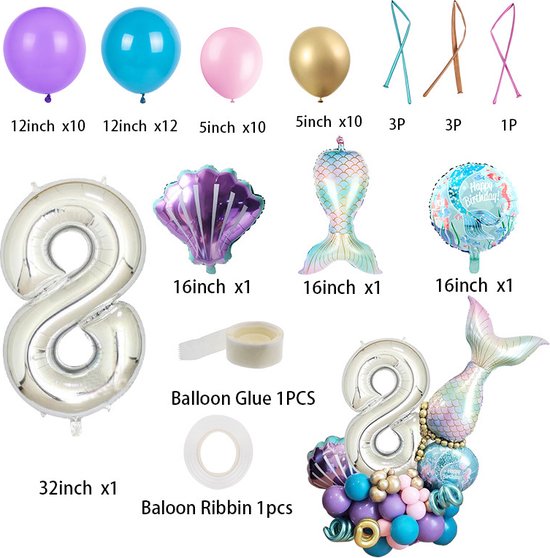 Set Zeemeerminnenballonnen voor Kinderfeest (8 jaar)